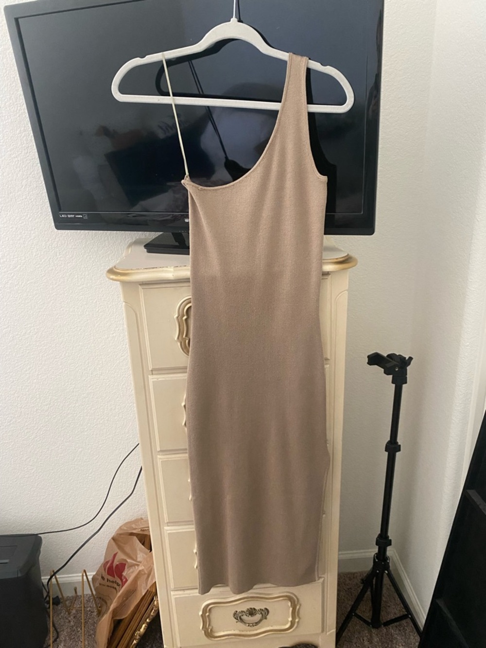 Asymmetric One-Shoulder Dress in Taupe